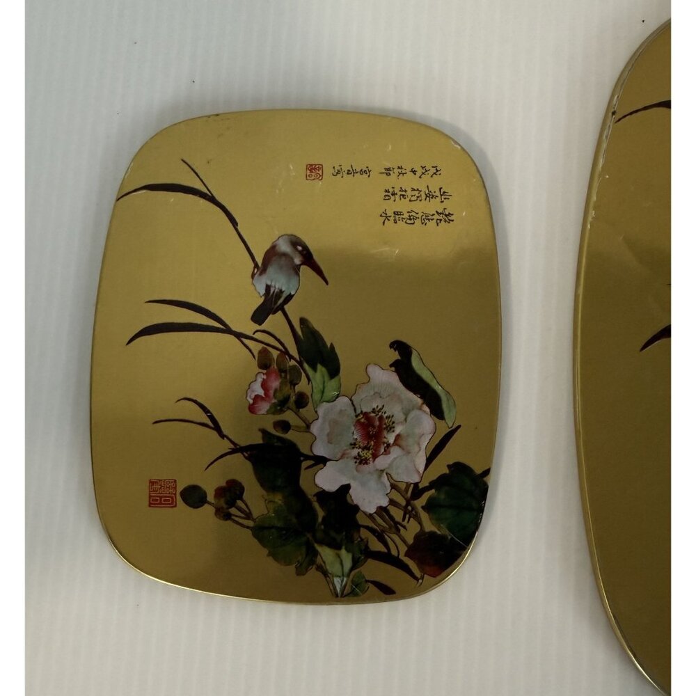 Asian Bird Floral Trivet Set of 3 Golden Serving Coaster w/Cork Back Vintage - Picture 2 of 13